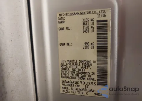 2017 Nissan Maxima 3.5 Sv из США, поврежденный, VIN 1N4AA6AP1HC393555